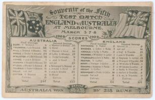 The Ashes. &lsquo;Souvenir of the Fifth Test Match England v Australia&rsquo; 1903/04. Rare early mono postcard of the scorecard for the match played at Melbourne, 5th- 8th March 1904, with ornate decorative borders, title and emblems. Publisher unknown. Postally unu