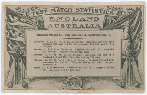 The Ashes. &lsquo;Test Match Statistics. England v Australia&rsquo; 1903/04. Rare early mono postcard with printed summary, &lsquo;Matches Played 5. England won 3, Australia won 2&rsquo; and results of the five match Test series. Ornate decorative borders, title and emblems. Pub