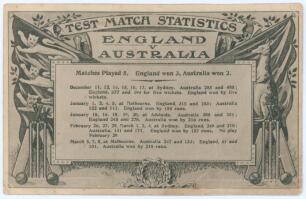 The Ashes. &lsquo;Test Match Statistics. England v Australia&rsquo; 1903/04. Rare early mono postcard with printed summary, &lsquo;Matches Played 5. England won 3, Australia won 2&rsquo; and results of the five match Test series. Ornate decorative borders, title and emblems. Pub