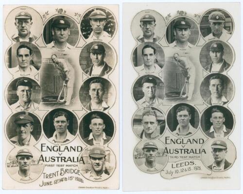 England v Australia, 1926. Two sepia real photograph postcards each featuring cameos of thirteen England players. One for the first Test at Trent Bridge 12th-15th June 1926, the other for the third Test at Leeds, 10th-13th July 1926. Players featured incl
