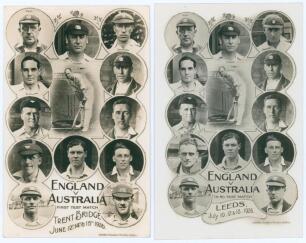 England v Australia, 1926. Two sepia real photograph postcards each featuring cameos of thirteen England players. One for the first Test at Trent Bridge 12th-15th June 1926, the other for the third Test at Leeds, 10th-13th July 1926. Players featured incl