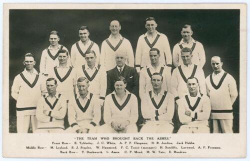 M.C.C. tour to Australia 1928/29. &lsquo;The Team Who Brought Back The Ashes&rsquo;. Mono real photograph postcard featuring seventeen members of the M.C.C. touring party. Players featured include Chapman (Captain), White, Mead, Tyldesley, Hammond, Freeman, Duckworth