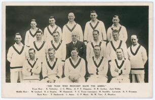 M.C.C. tour to Australia 1928/29. &lsquo;The Team Who Brought Back The Ashes&rsquo;. Mono real photograph postcard featuring seventeen members of the M.C.C. touring party. Players featured include Chapman (Captain), White, Mead, Tyldesley, Hammond, Freeman, Duckworth