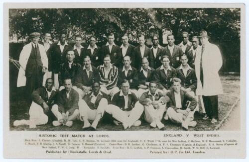 &lsquo;Historic Test Match at Lord&rsquo;s. England v West Indies&rsquo; 1928. Original mono real photograph postcard of the two teams and umpires seated and standing in rows wearing cricket attire and blazers for West Indies&rsquo; inaugural Test match, 23rd- 26th June 1928. Pr