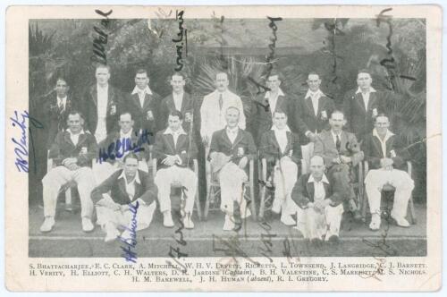 M.C.C. tour to India 1933/34. Mono postcard of the M.C.C. touring party seated and standing in rows wearing cricket attire and tour blazers. Fully signed in ink by the sixteen featured members of the M.C.C. touring party. Signatures are Jardine (Captain),