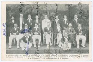 M.C.C. tour to India 1933/34. Mono postcard of the M.C.C. touring party seated and standing in rows wearing cricket attire and tour blazers. Fully signed in ink by the sixteen featured members of the M.C.C. touring party. Signatures are Jardine (Captain),