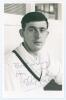 Michael Harry &lsquo;Mike&rsquo; Page. Derbyshire 1964-1939. Mono real photograph plain back postcard of Page, head and shoulders wearing cricket attire. Signed in blue ink to the photograph by Page. Official stamp to verso for A. Wilkes & Son, West Bromwich. Postall
