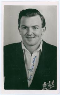 John Kenneth Richard &lsquo;Ken&rsquo; Graveney. Gloucestershire 1947- 1964. Mono real photograph plain back postcard of Graveney, head and shoulders wearing cricket attire and Gloucestershire blazer. Nicely signed in blue ink to the photograph by Graveney. Official 