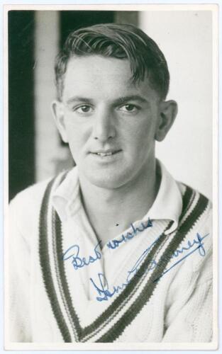 Thomas William &lsquo;Tom&rsquo; Graveney. Gloucestershire, Worcestershire, Queensland & England 1948-1972. Mono real photograph plain back postcard of a youthful Graveney, head and shoulders wearing cricket attire. Signed in blue ink to the photograph by Graveney. O