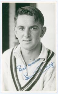 Thomas William &lsquo;Tom&rsquo; Graveney. Gloucestershire, Worcestershire, Queensland & England 1948-1972. Mono real photograph plain back postcard of a youthful Graveney, head and shoulders wearing cricket attire. Signed in blue ink to the photograph by Graveney. O