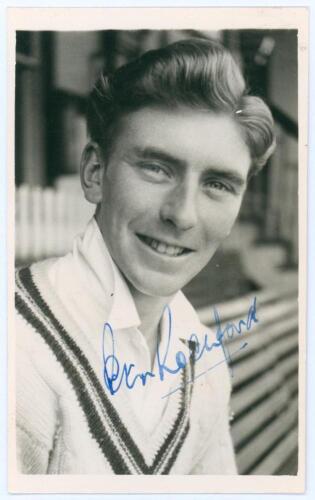Peter Rochford. Gloucestershire 1952-1957. Mono real photograph plain back postcard of Rochford, head and shoulders wearing cricket attire. Nicely signed in blue ink to the photograph by Rochford. Official stamp to verso for A. Wilkes & Son, West Bromwich