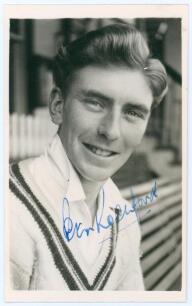 Peter Rochford. Gloucestershire 1952-1957. Mono real photograph plain back postcard of Rochford, head and shoulders wearing cricket attire. Nicely signed in blue ink to the photograph by Rochford. Official stamp to verso for A. Wilkes & Son, West Bromwich