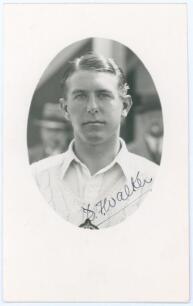 Donald Frederick &lsquo;Hooky&rsquo; Walker. Hampshire 1937-1939. Mono real photograph postcard of Walker, head and shoulders in cameo wearing cricket attire. Nicely signed in ink to the photograph by Walker. Official stamp to verso for A. Wilkes & Son, West Bromwich