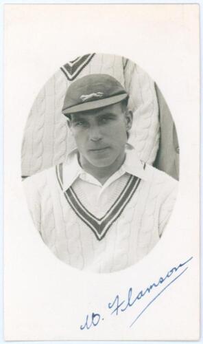 William Henry &lsquo;Sam&rsquo; Flamson. Leicestershire 1938-1939. Mono real photograph postcard of Flamson, head and shoulders in cameo wearing cricket attire and Leicestershire cap. Nicely signed in blue ink to the lower border by Flamson. Official stamp to verso f