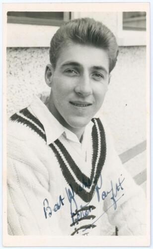 Peter Howard Parfitt. Middlesex & England 1956-1972. Mono real photograph plain back postcard of Parfitt, head and shoulders wearing cricket attire. Nicely signed in blue ink to the photograph by Parfitt. Official stamp to verso for A. Wilkes & Son, West 
