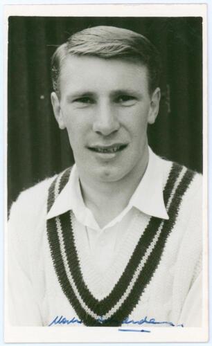 Martin Ashenden. Northamptonshire & Gloucestershire 1959-1965. Mono real photograph plain back postcard of Ashenden, head and shoulders wearing cricket attire. Nicely signed in blue ink to the photograph by Ashenden. Official stamp to verso for A. Wilkes 