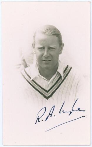 Reginald Addington &lsquo;Reggie&rsquo; Ingle. Somerset & Cambridge University 1923-1939. Mono real photograph postcard of Ingle in cameo, head and shoulders wearing cricket attire. Nicely signed in ink to the photograph by Ingle. Official stamp to verso for A. Wilke