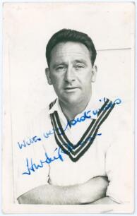 Harold William Stephenson. Somerset 1948-1964. Mono real photograph postcard of Stephenson, head and shoulders wearing cricket attire. Signed in blue ink to the photograph by Stephenson. Official stamp to verso for A. Wilkes & Son, West Bromwich. Postally