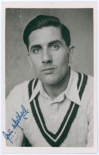 John Maurice Alex &lsquo;Jack&rsquo; Marshall. Warwickshire 1946-1950. Mono real photograph plain back postcard of Marshall, head and shoulders wearing cricket attire. Nicely signed in blue ink to the photograph by Marshall. Official stamp to verso for A. Wilkes & So