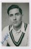 John Maurice Alex &lsquo;Jack&rsquo; Marshall. Warwickshire 1946-1950. Mono real photograph plain back postcard of Marshall, head and shoulders wearing cricket attire. Nicely signed in blue ink to the photograph by Marshall. Official stamp to verso for A. Wilkes & So