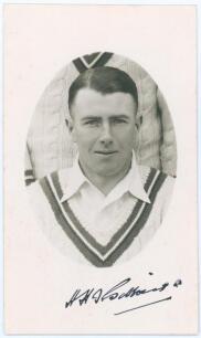 Harold Harry Ian Haywood Gibbons. Worcestershire 1927-1946. Mono real photograph postcard of Gibbons in cameo, head and shoulders wearing cricket attire. Nicely signed in ink to the lower border by Gibbons. Official stamp to verso for A. Wilkes & Son, Wes