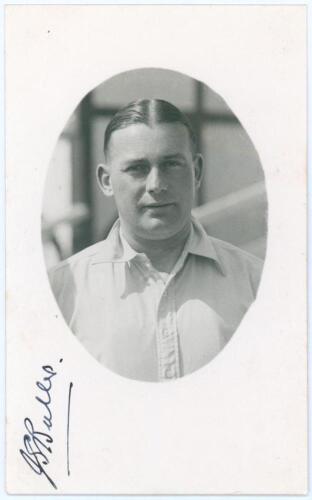 John Sydney &lsquo;Syd&rsquo; Buller. Yorkshire & Worcestershire 1930-1946. Mono real photograph postcard of Buller in cameo, head and shoulders wearing cricket attire. Nicely signed in ink to the lower border by Buller. Official stamp to verso for A. Wilkes & Son, W