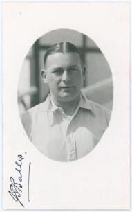John Sydney &lsquo;Syd&rsquo; Buller. Yorkshire & Worcestershire 1930-1946. Mono real photograph postcard of Buller in cameo, head and shoulders wearing cricket attire. Nicely signed in ink to the lower border by Buller. Official stamp to verso for A. Wilkes & Son, W