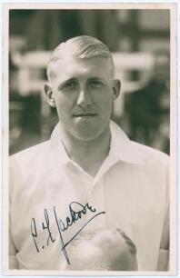 Percy Frederick &lsquo;Peter&rsquo; Jackson. Worcestershire 1929-1950. Mono real photograph postcard of Jackson, head and shoulders wearing cricket attire. Nicely signed in ink to the photograph by Jackson. Official stamp to verso for A. Wilkes & Son, West Bromwich. 