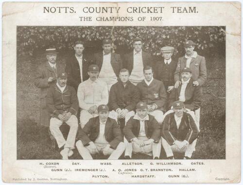 &lsquo;Notts. County Cricket Team. The Champions of 1907&rsquo; c.1908. Mono oversize postcard of the Nottinghamshire team seated and standing in rows wearing cricket attire and assorted caps and blazers. Published by J. Godden, Nottingham, &lsquo;Sport Series No. 3&rsquo; in a 