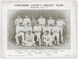 &lsquo;Yorkshire County Cricket Team. Champions 1900- 1- 2&rsquo; c.1908. Mono oversize postcard of the Yorkshire team seated and standing in rows wearing cricket attire and caps. Published by J. Godden, Nottingham, &lsquo;Sport Series No. 4&rsquo; in a series of twelve. Printed