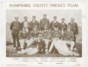 &lsquo;Hampshire County Cricket Team&rsquo; c.1908. Mono oversize postcard of the Hampshire team seated and standing in rows wearing cricket attire, caps and blazers. Published by J. Godden, Nottingham, &lsquo;Sport Series No. 8&rsquo; in a series of twelve. Printed title and pl