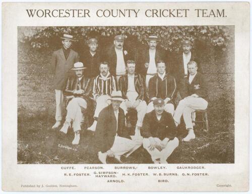 &lsquo;Worcester County Cricket Team&rsquo; c.1908. Mono oversize postcard of the Worcestershire team seated and standing in rows wearing cricket attire, caps and blazers. Published by J. Godden, Nottingham, &lsquo;Sport Series No. 9&rsquo; in a series of twelve. Printed title a