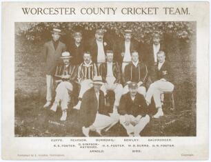&lsquo;Worcester County Cricket Team&rsquo; c.1908. Mono oversize postcard of the Worcestershire team seated and standing in rows wearing cricket attire, caps and blazers. Published by J. Godden, Nottingham, &lsquo;Sport Series No. 9&rsquo; in a series of twelve. Printed title a