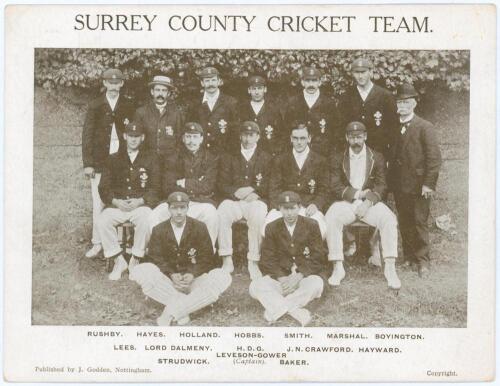 &lsquo;Surrey County Cricket Team&rsquo; c.1908. Mono oversize postcard of the Surrey team seated and standing in rows wearing cricket attire, caps and blazers. Published by J. Godden, Nottingham, &lsquo;Sport Series No. 10&rsquo; in a series of twelve. Printed title and players