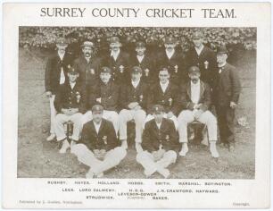 &lsquo;Surrey County Cricket Team&rsquo; c.1908. Mono oversize postcard of the Surrey team seated and standing in rows wearing cricket attire, caps and blazers. Published by J. Godden, Nottingham, &lsquo;Sport Series No. 10&rsquo; in a series of twelve. Printed title and players