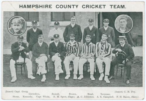 &lsquo;Hampshire County Cricket Team&rsquo; c.1908. Mono oversize postcard of the Surrey team seated and standing in rows wearing cricket attire, caps and blazers. Publisher/ series unknown but similar to the previous lots. Printed title and players&rsquo; names to borders