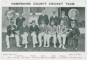 &lsquo;Hampshire County Cricket Team&rsquo; c.1908. Mono oversize postcard of the Surrey team seated and standing in rows wearing cricket attire, caps and blazers. Publisher/ series unknown but similar to the previous lots. Printed title and players&rsquo; names to borders