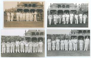 Yorkshire at Scarborough 1924-1932. Four mono/ sepia real photograph postcards of Yorkshire teams standing in one row wearing cricket attire, the pavilion and crowds in the background. Teams are for the matches v M.C.C. 3rd- 5th September 1924, 3rd- 5th S