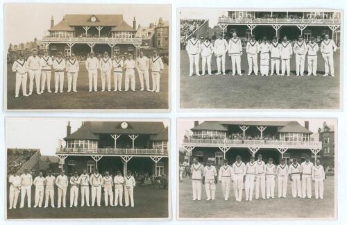 Cricket at Scarborough 1925-1932. Four mono/ sepia real photograph postcards of teams standing in one row wearing cricket attire, the pavilion and crowds in the background. Two feature M.C.C. touring teams to Australia for matches v C.I. Thornton&rsquo;s XI, 5t