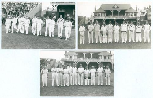 Yorkshire at Scarborough 1932 & 1933. Three mono real photograph plain back postcards of Yorkshire teams, in two the players are standing in one row wearing cricket attire, the pavilion and crowds in the background, in the other the team is walking on to 