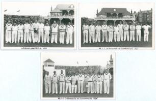 Cricket at Scarborough 1936-1938. Three mono real photograph plain back postcards of Yorkshire teams, the players standing in one row wearing cricket attire, the pavilion and crowds in the background. Teams are H.D.G. Leveson-Gower&rsquo;s XI for the match v In