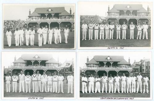 Scarborough Cricket Festival 1947. Four mono real photograph postcards of teams at Scarborough. One depicts the Yorkshire team entering the field for the match v M.C.C. 3rd- 5th September 1947. The others with players standing in one row in front of the p
