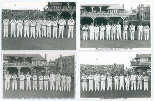 Scarborough Cricket Festival 1948. Four mono real photograph postcards of teams at Scarborough. Teams are one of Yorkshire, another of the M.C.C. XI for the match played 1st- 3rd September, M.C.C. South African touring team v Leveson-Gower&rsquo;s XI 4th- 7th S