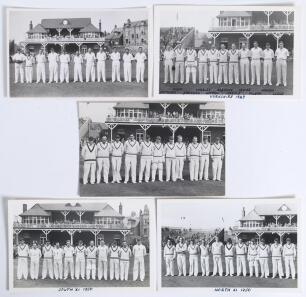 Scarborough Cricket Festival 1949 & 1950. Five mono real photograph plain back postcards of teams at Scarborough, the players depicted standing in one row wearing cricket attire in front of the pavilion. Includes one each of the teams for Yorkshire v M.C.