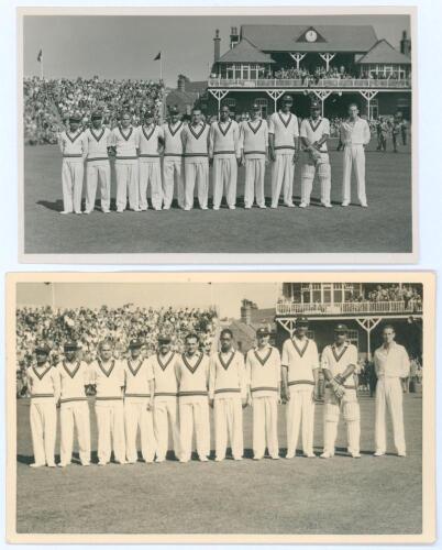West Indies at Scarborough 1950. Two mono real photograph plain back postcards of the West Indian team at Scarborough for the match v H.D.G. Leveson-Gower&rsquo;s XI 9th- 12th September 1950. The players depicted standing in one row wearing cricket attire in fr