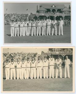 West Indies at Scarborough 1950. Two mono real photograph plain back postcards of the West Indian team at Scarborough for the match v H.D.G. Leveson-Gower&rsquo;s XI 9th- 12th September 1950. The players depicted standing in one row wearing cricket attire in fr