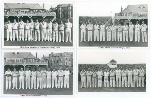 Scarborough Cricket Festival 1951. Four mono real photograph plain back postcards of teams at Scarborough, the players depicted standing in one row wearing cricket attire in front of the pavilion. Includes the M.C.C. team for the match v Yorkshire, 1st- 4