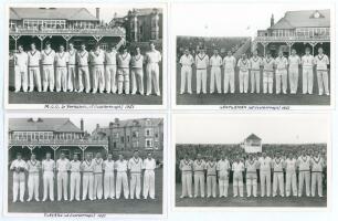 Scarborough Cricket Festival 1951. Four mono real photograph plain back postcards of teams at Scarborough, the players depicted standing in one row wearing cricket attire in front of the pavilion. Includes the M.C.C. team for the match v Yorkshire, 1st- 4