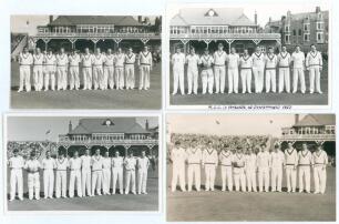 Scarborough Cricket Festival 1953. Four mono real photograph plain back postcards of teams at Scarborough, the players depicted standing in one row wearing cricket attire in front of the pavilion. Two including one slightly smaller postcard (trimmed?) of 