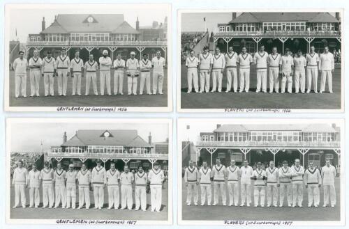 Scarborough Cricket Festival. Gentlemen v Players 1956 & 1957. Four mono real photograph plain back postcards of the Gentlemen and Players teams at Scarborough. Players depicted standing in one row wearing cricket attire in front of the pavilion for the m